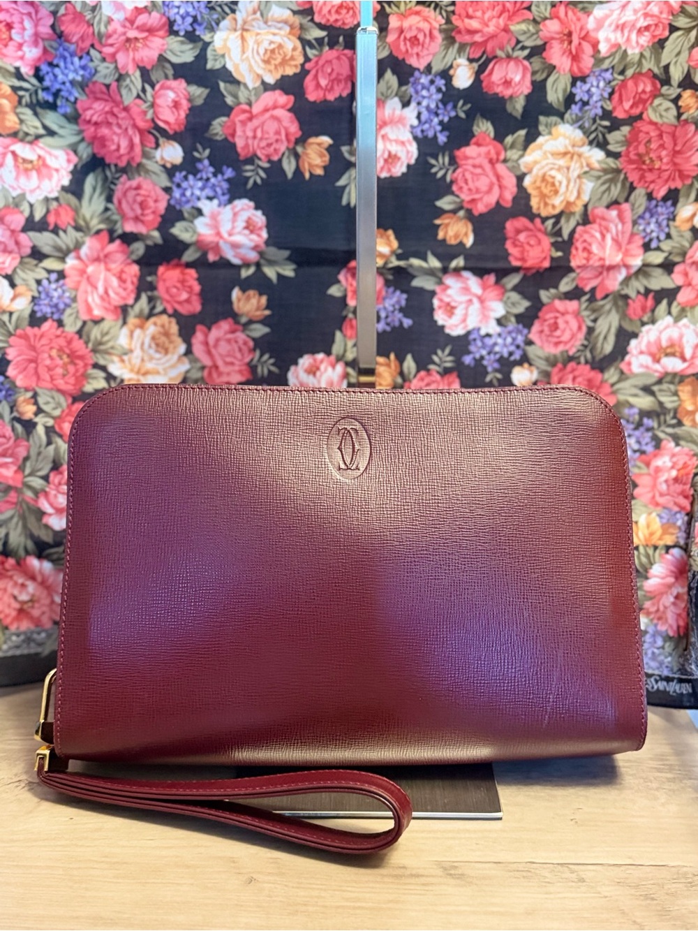 Cartier Burgundy Leather Wristlet Clutch with Strap